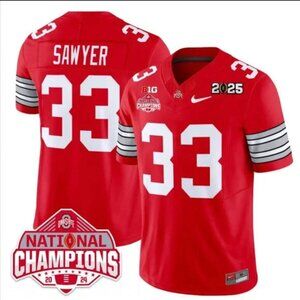 Mens Youths Kids Womens Jack Sawyer 2025 CFP National CH Red Stitched Jersey